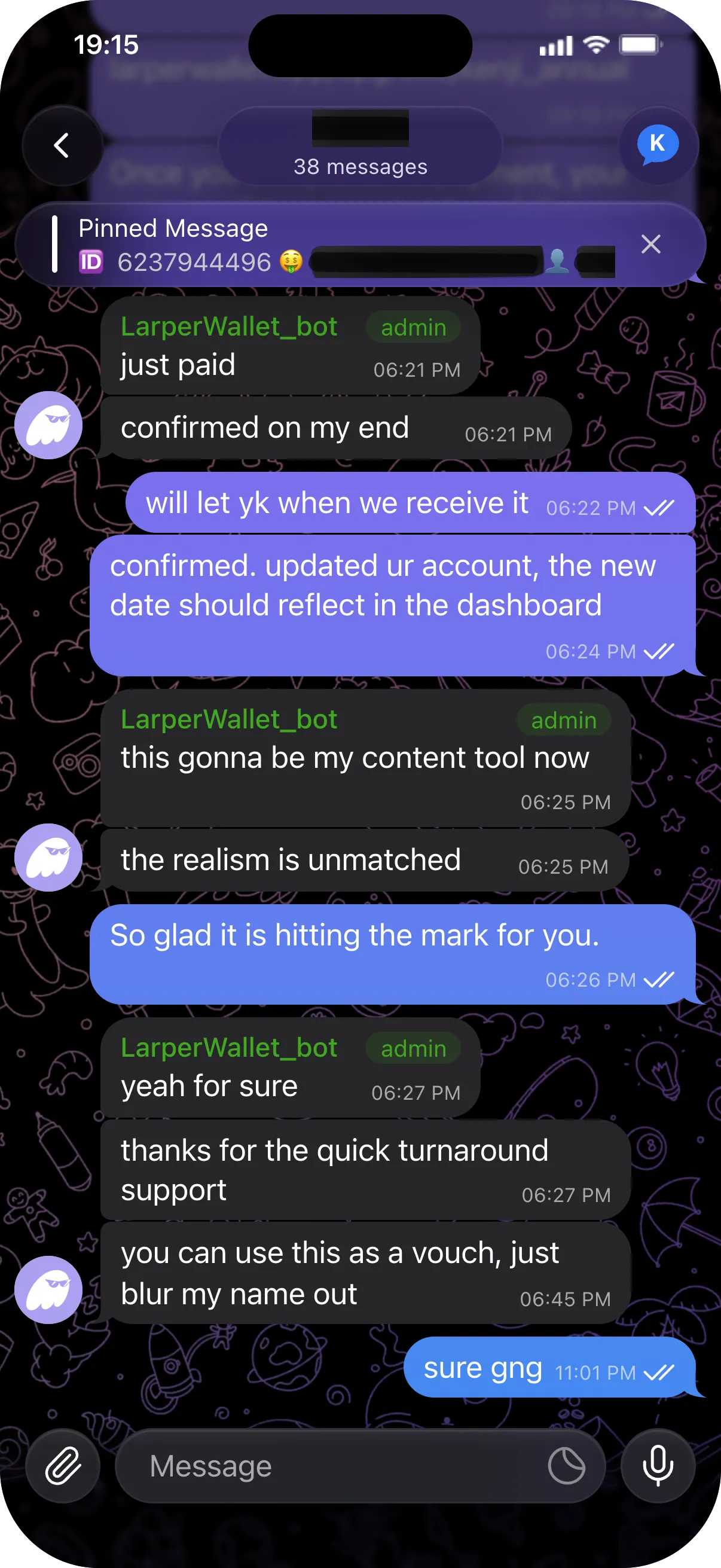 Telegram chat: a customer calls the app their content tool and says the realism is unmatched