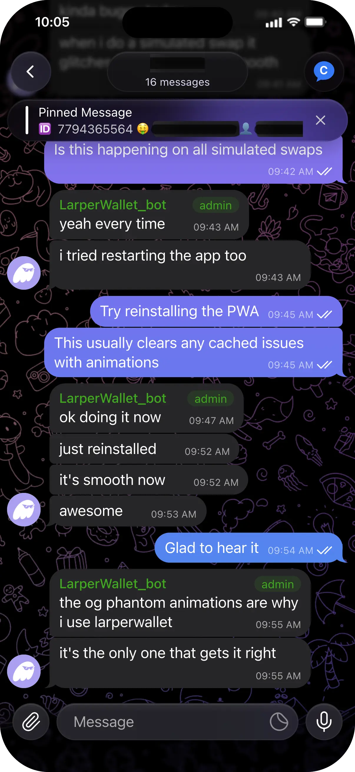 Telegram chat: support fixes a stuttering swap animation by reinstalling the PWA, and the customer says the Phantom animations are why they use LarperWallet