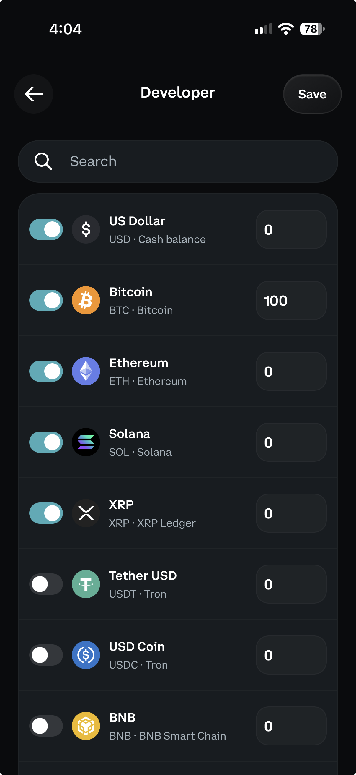 Coinbase balance editor with Bitcoin, Ethereum, Solana, XRP, Tether, USD Coin and BNB