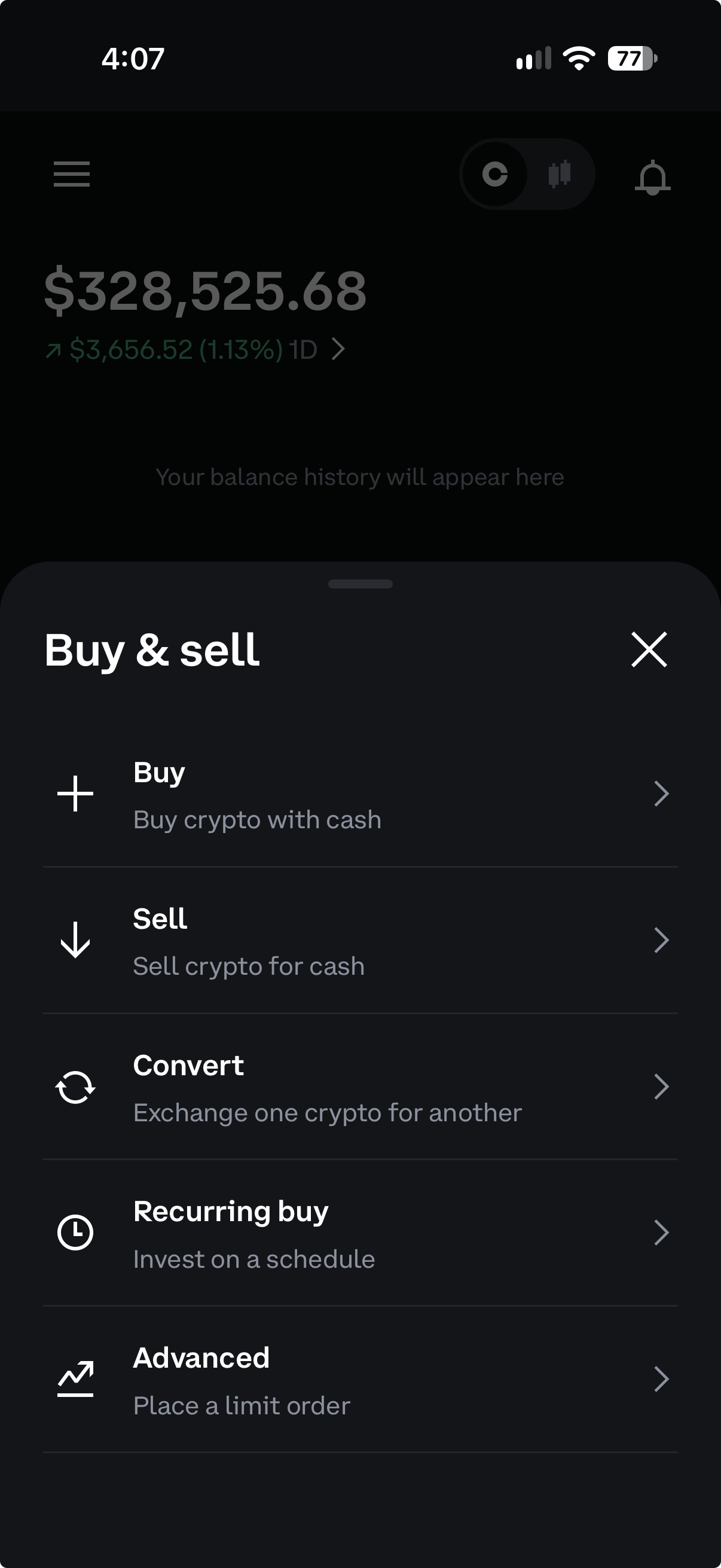 Coinbase Buy and sell menu with Buy, Sell, Convert, Recurring buy and Advanced options